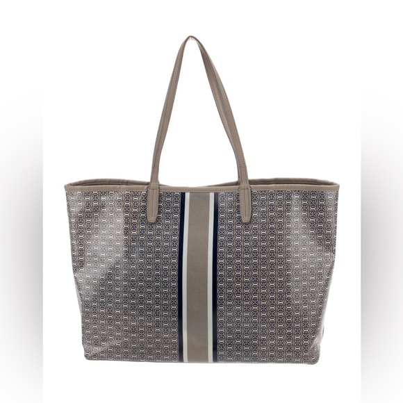 Tory Burch Gray Geometric Tote Bag Grey Leather Trim Purse Print Handles Pocket - Picture 3 of 13